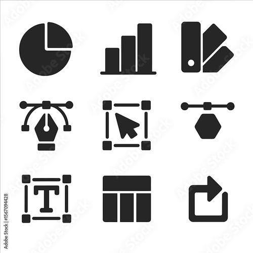 Infographic Design Icons. Solid, filled icons set of infographic and design services: pie chart icon, bar