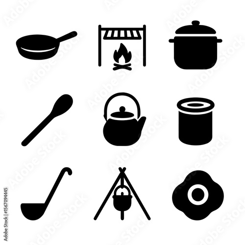 Outdoor Cooking Icons. Solid, filled icon set of outdoor cooking: cast iron pan, campfire grill, stew pot, wooden spoon, hanging