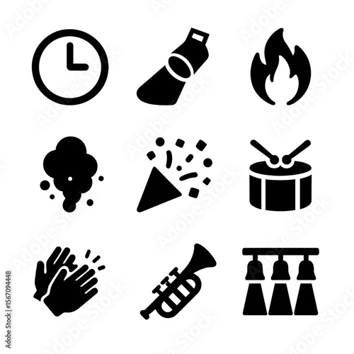 Showtime Icon Set. Solid, filled icon set of showtime elements: showtime clock, spotlight beam, fire effects, stage smoke,