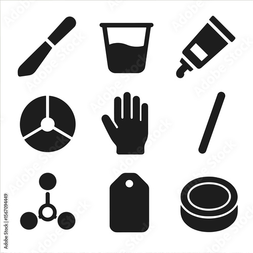 Ink Mixing Icons. Solid, filled icons set of ink mixing and preparation: ink knife, mixing cup, pigment tube,