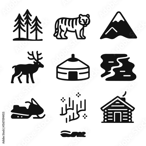 Siberia Icon Set. Solid, filled icon set of Siberia: taiga forest, Siberian tiger, snow-covered mountain, reindeer, traditional