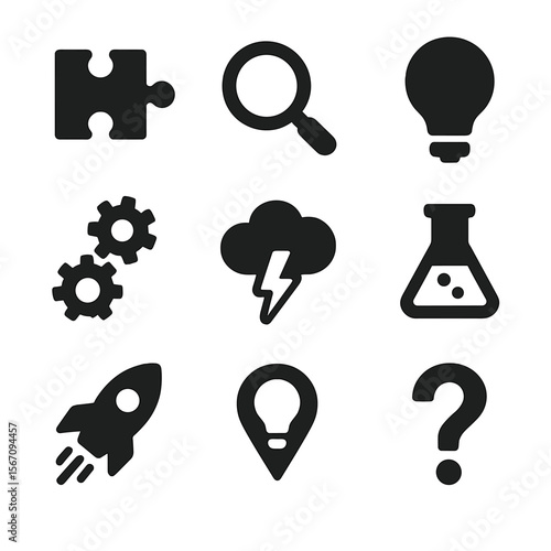 Innovation Icons Grid. Solid, filled icons set of problem-solving and innovation: puzzle piece, magnifying