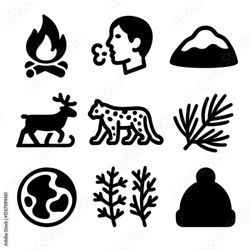 Siberian Winter Icons. Solid, filled icon set of Siberia: winter campfire, cold breath, snow-covered hillock, reindeer sleigh,