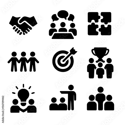 Teamwork Icon Set. Solid, filled icon set of teamwork: handshake, group discussion, collaboration, puzzle pieces fitting, people