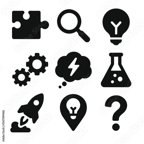 Innovation Icons Grid. Solid, filled icons set of problem-solving and innovation: puzzle piece, magnifying