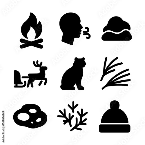 Siberian Winter Icons. Solid, filled icon set of Siberia: winter campfire, cold breath, snow-covered hillock, reindeer sleigh,