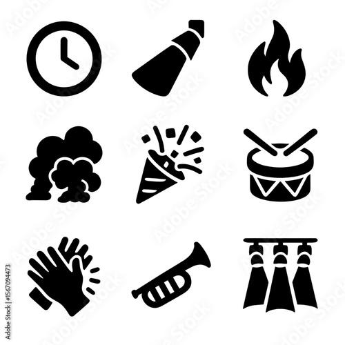 Showtime Icon Set. Solid, filled icon set of showtime elements: showtime clock, spotlight beam, fire effects, stage smoke,