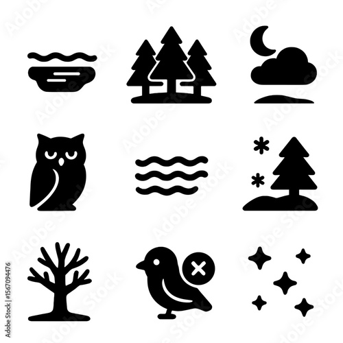 Silent Nature Icons. Solid, filled icon set of silence in nature: still lake, quiet forest, moonlit night, resting owl, calm waves