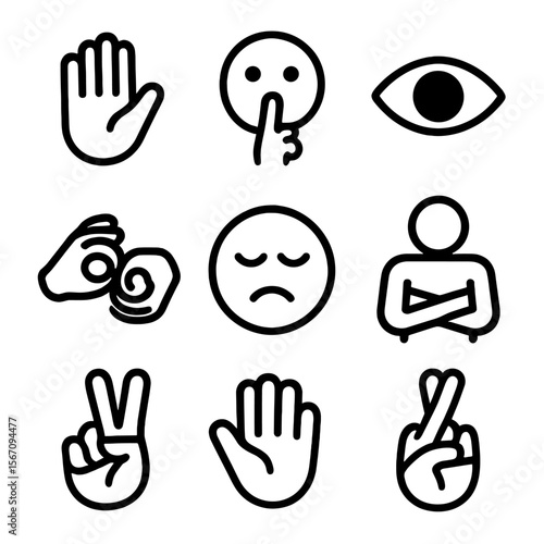 Silent Communication Icons. Solid, filled icon set of Silent communication: hand gesture, finger on lips, eye contact, sign