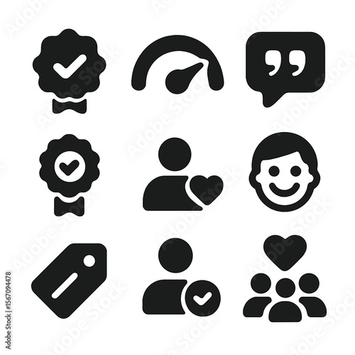 Influencer Trust Icons. Solid, filled icons set of influencer credibility and trust: verified badge, trust