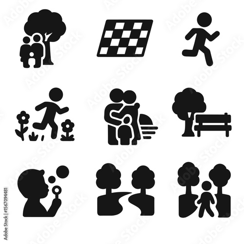 Outdoor Family Icon Set. Solid, filled icon set of outdoor family shoot themes: tree background, picnic blanket, running child,