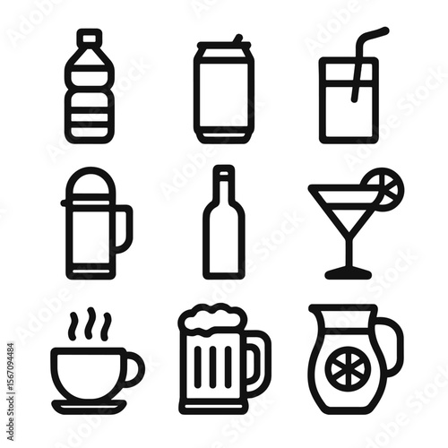 Outdoor Drink Icons. Solid, filled icon set of outdoor cooking drinks and refreshments: water bottle, soda can, juice box, thermos