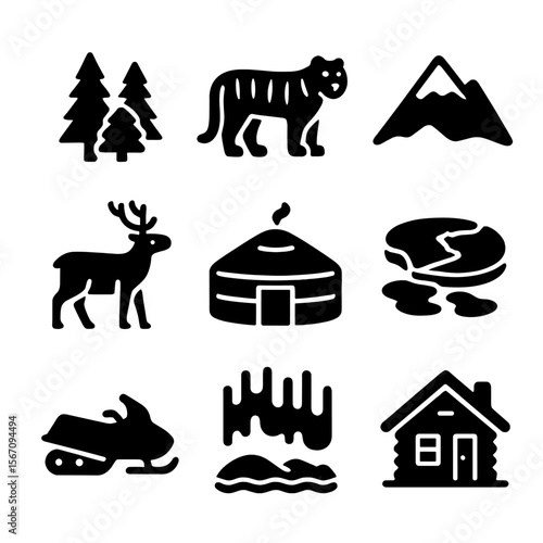 Siberia Icon Set. Solid, filled icon set of Siberia: taiga forest, Siberian tiger, snow-covered mountain, reindeer, traditional