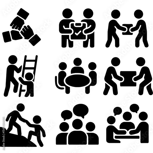 Teamwork Icon Set. Solid, filled icon set of teamwork and cooperation: group handshake, shared task, passing item, holding ladder,