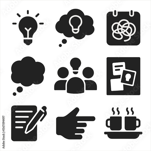 Innovative Ideas Icons. Solid, filled icons set of brainstorming and idea generation: lightbulb, idea cloud,