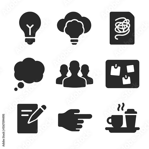 Innovative Ideas Icons. Solid, filled icons set of brainstorming and idea generation: lightbulb, idea cloud,