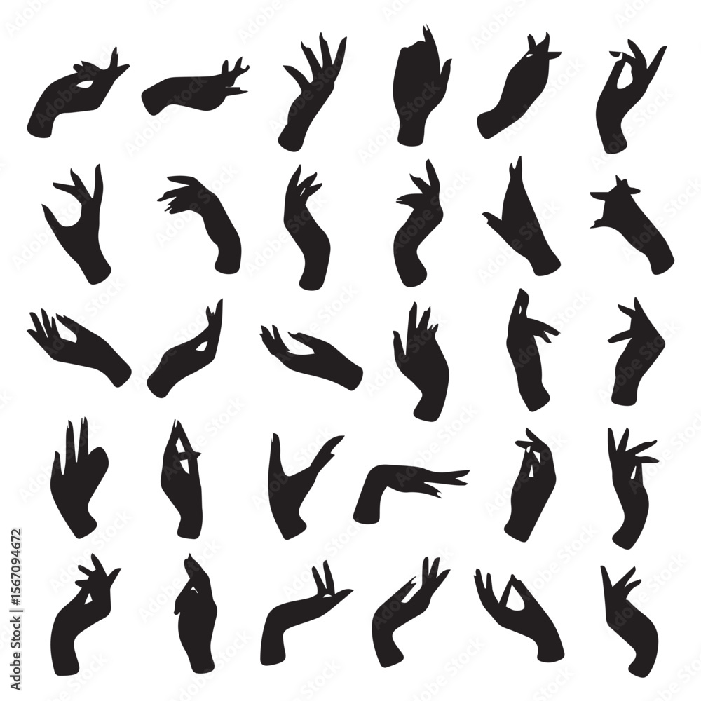 Collection of elegant black hand silhouettes in various poses and gestures Collection of elegant black hand silhouettes in various poses and gestures