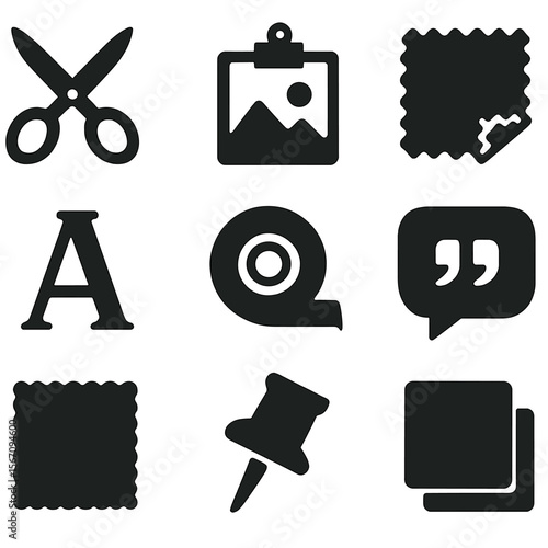 Inspirational Icon Grid. Solid, filled icons set of inspirational moodboard zones: scissors icon, clipped