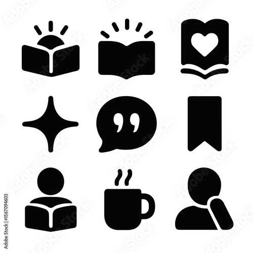 Inspirational Reading Icons. Solid, filled icons set of inspirational reading moments: sunrise book, glowing