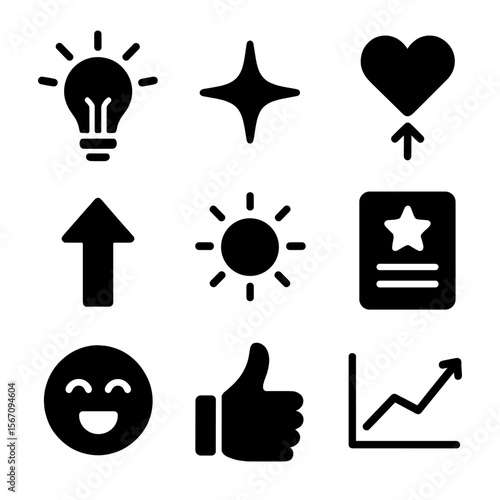 Inspiration Icon Grid. Solid, filled icons set of motivation and inspiration moments: lightbulb idea, spark