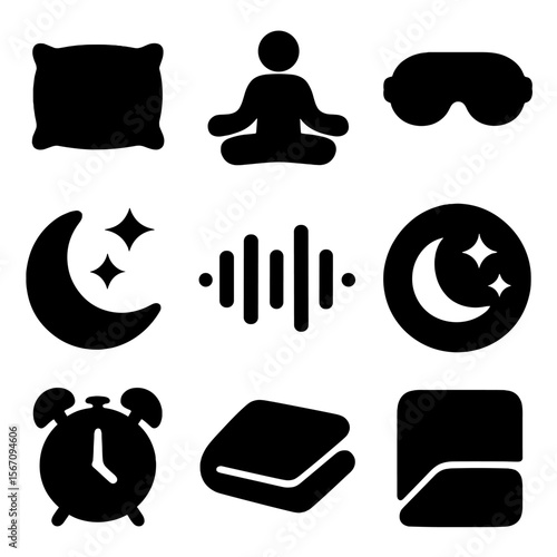 Sleep Meditation Icons. Solid, filled icon set of sleep meditation: pillow, meditation pose, sleep mask, moon, stars, sound waves,