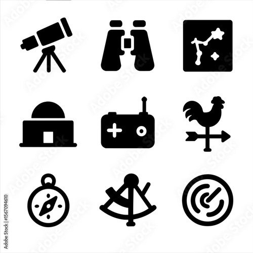Sky Observation Tools Icons. Solid, filled icon set of sky observation tools: telescope, binoculars, star chart, planetarium,