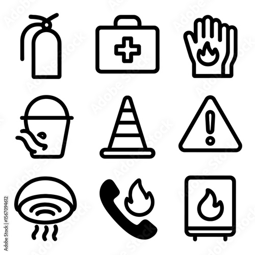 Outdoor Safety Icons. Solid, filled icon set of outdoor cooking safety: fire extinguisher, first aid kit, fireproof gloves, water