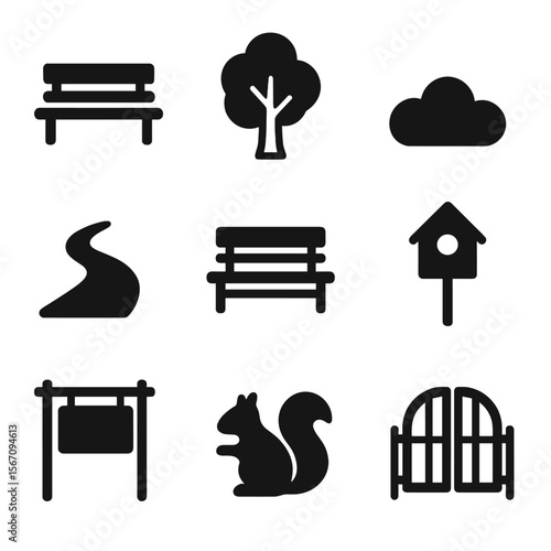 Outdoor Icon Set. Solid, filled icon set of outdoor relaxation spots: wooden bench, leafy tree, bush, walking path, bench with