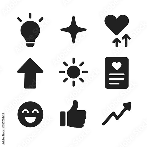 Inspiration Icon Grid. Solid, filled icons set of motivation and inspiration moments: lightbulb idea, spark