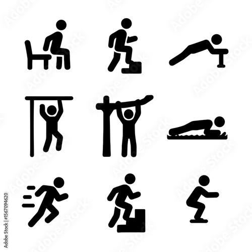 Outdoor Workout Icons. Solid, filled icon set of outdoor bodyweight workouts: park bench dip, step-up, incline push-up, monkey bar