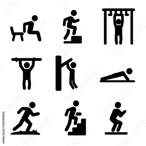 Outdoor Workout Icons. Solid, filled icon set of outdoor bodyweight workouts: park bench dip, step-up, incline push-up, monkey bar