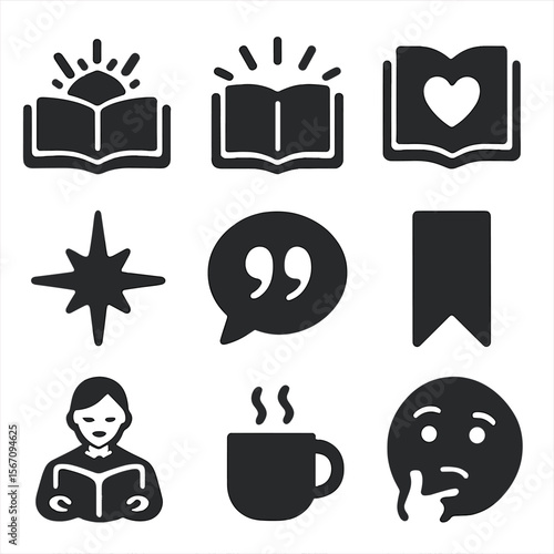 Inspirational Reading Icons. Solid, filled icons set of inspirational reading moments: sunrise book, glowing