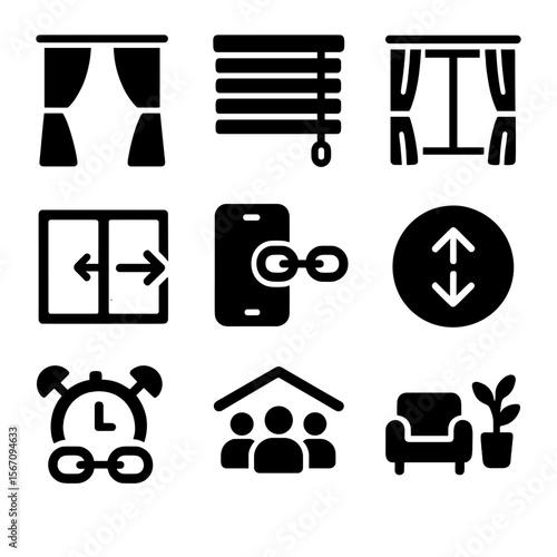 Smart Curtain Icons. Solid, filled icon set of curtain and blind integration: curtain icon, blinds icon, dual window setup,