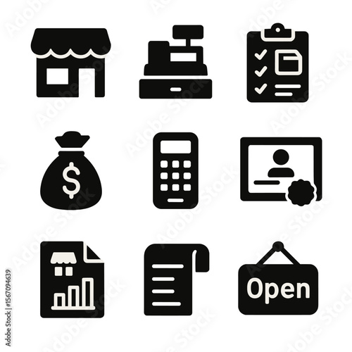 Small Business Icons. Solid, filled icon set of small business accounting: storefront, cash register, inventory clipboard, money