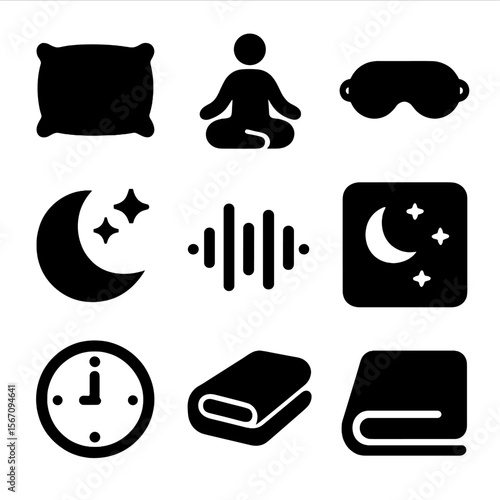 Sleep Meditation Icons. Solid, filled icon set of sleep meditation: pillow, meditation pose, sleep mask, moon, stars, sound waves,