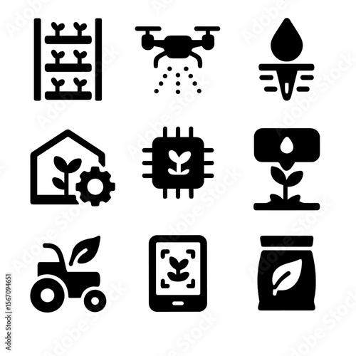 Smart Farming Icons. Solid, filled icon set of smart farming innovation: vertical farm, drone sprayer, soil sensor, greenhouse