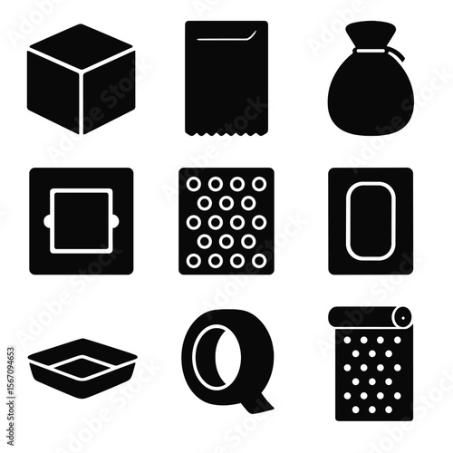 Packaging Materials Icons. Solid, filled icon set of packaging materials: cardboard box, kraft paper, plastic sleeve, velvet pouch