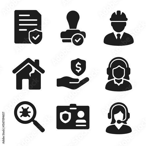 Insurance Claim Icons. Solid, filled icons set of insurance claim process: claim document, stamp approved,