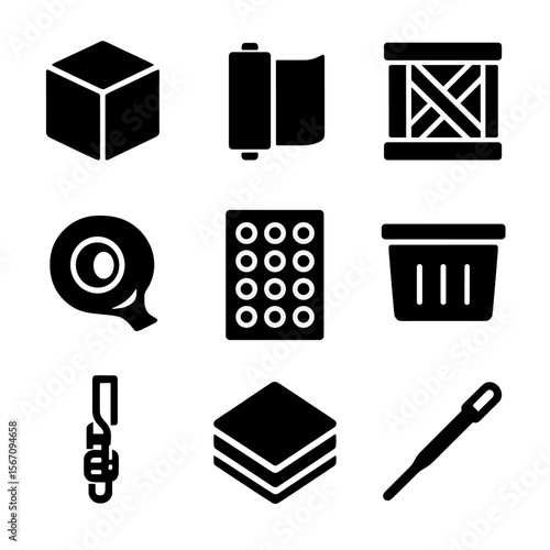 Packaging Icons Grid. Solid, filled icon set of packaging materials: cardboard box, stretch wrap, wooden crate, packing tape,