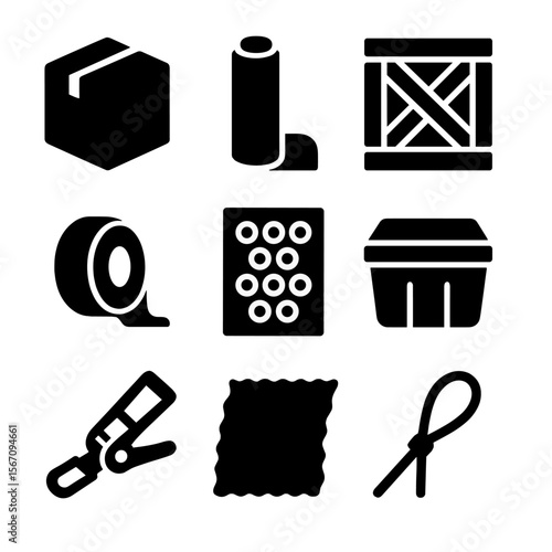 Packaging Icons Grid. Solid, filled icon set of packaging materials: cardboard box, stretch wrap, wooden crate, packing tape,