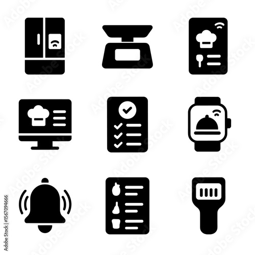 Smart Kitchen Icons. Solid, filled icon set of smart kitchen management: smart fridge, digital scale, recipe app, kitchen display,