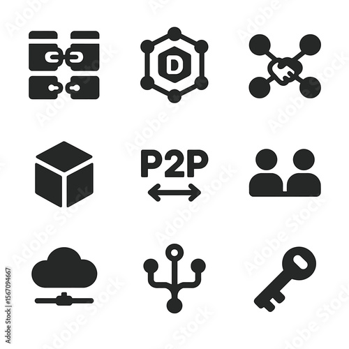 P2P Technologies Icons. Solid, filled icon set of peer-to-peer technologies: device chain, decentralized app icon, node handshake,