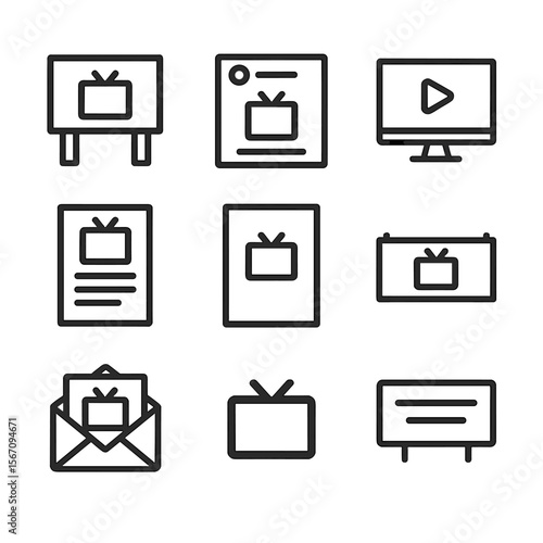 Television Network Icons. Solid, filled icon set of Television network promotional materials: billboard, social media post, teaser