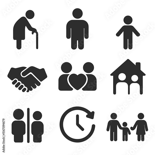 Intergenerational Family Icons. Solid, filled icons set of intergenerational family symbols: grandparent icon,