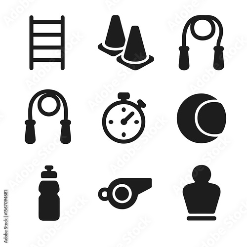 Tennis Training Icons. Solid, filled icon set of tennis training tools: agility ladder, cones, resistance band, jump rope,