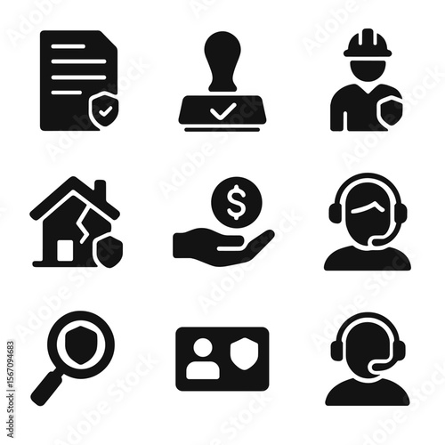 Insurance Claim Icons. Solid, filled icons set of insurance claim process: claim document, stamp approved,