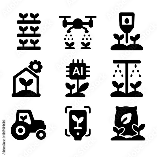 Smart Farming Icons. Solid, filled icon set of smart farming innovation: vertical farm, drone sprayer, soil sensor, greenhouse