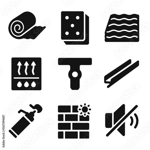 Insulation Icons Grid. Solid, filled icons set of ceiling insulation and soundproofing: fiberglass insulation,