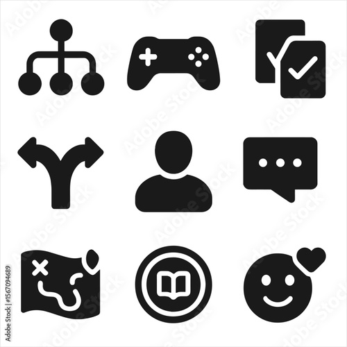 Interactive Storytelling Icons. Solid, filled icons set of interactive storytelling: decision tree, game