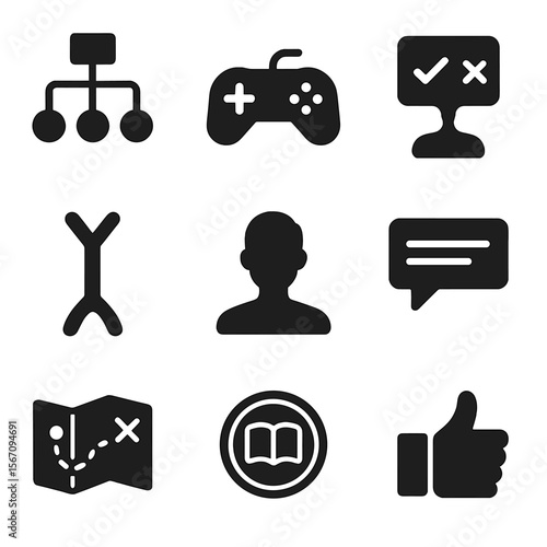 Interactive Storytelling Icons. Solid, filled icons set of interactive storytelling: decision tree, game